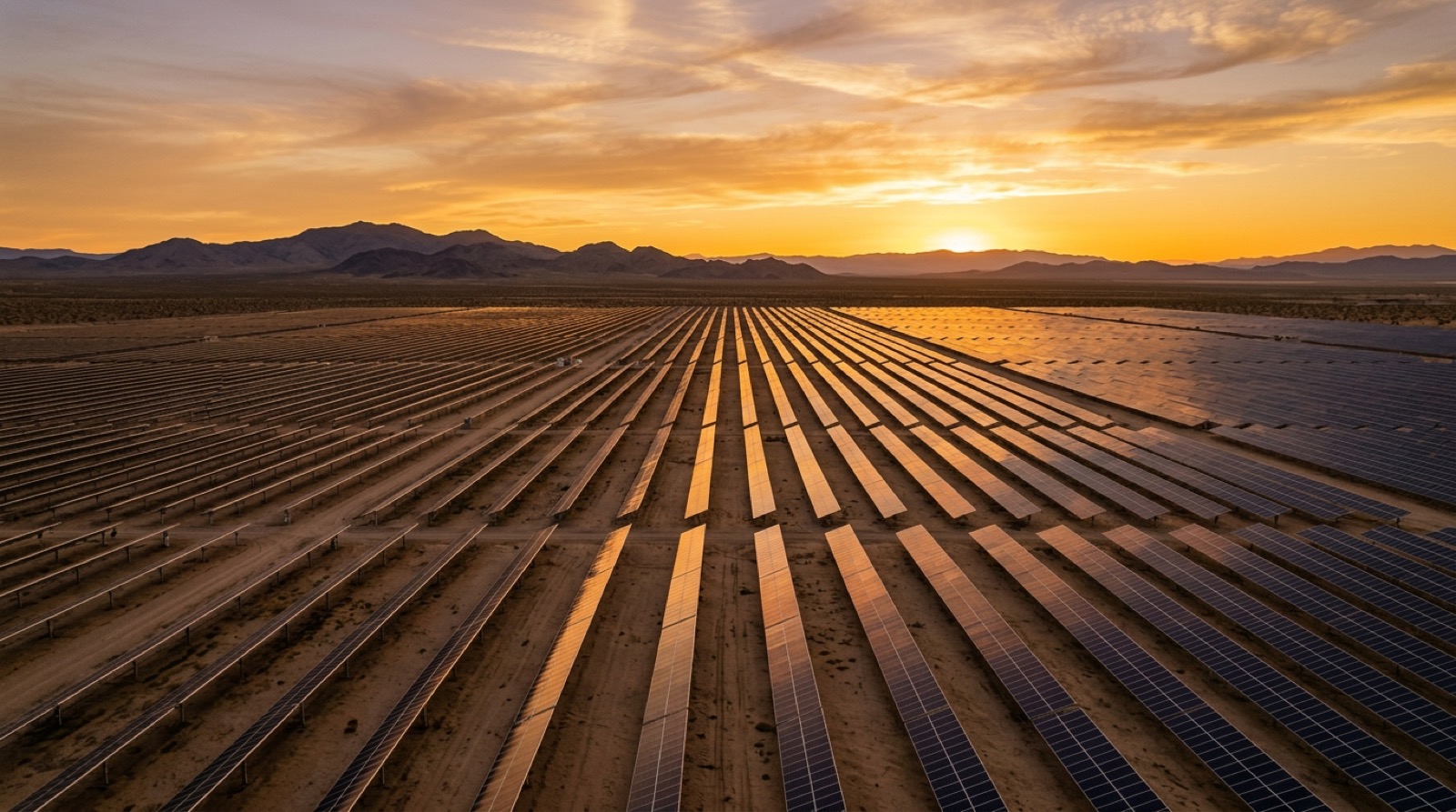 Aerial view of utility-scale solar farm at sunset with rows of panels under golden mountain sky