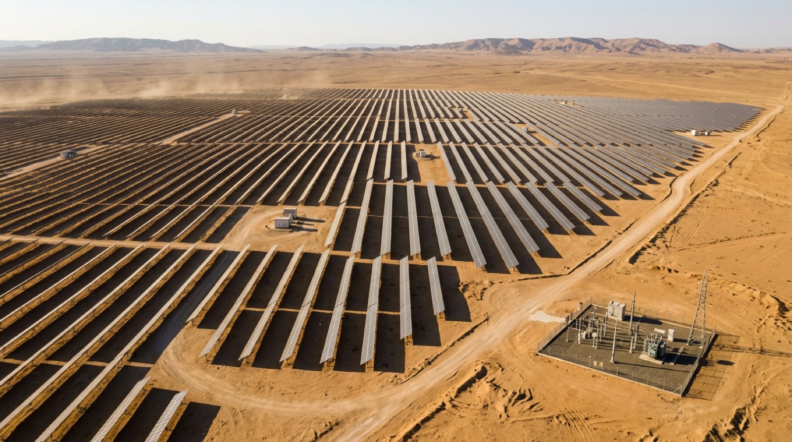 Utility-scale solar tracker field at dawn
