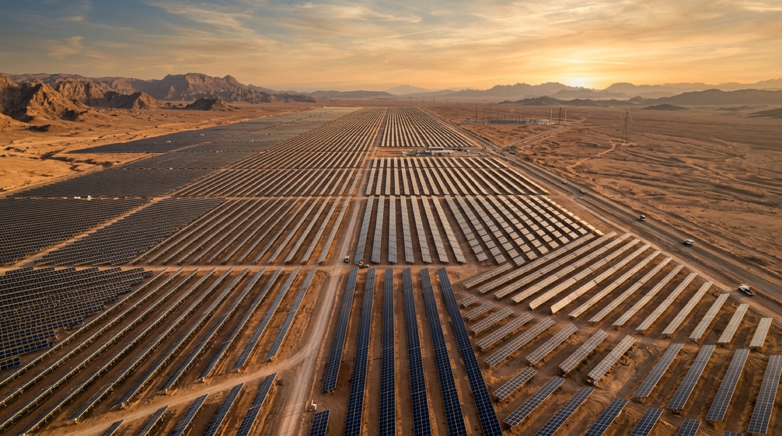 Utility-scale solar farm at sunrise